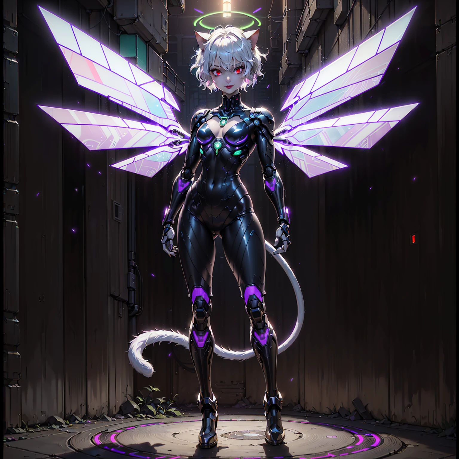 ((1girl, solo ,alone)), ((solo, 1woman, ((neferpitou, cat tail, short white hair, short messy hair, cat ears, red eyes, small bust)), woman, lipstick), Extremely detailed, ambient soft lighting, 4k, perfect eyes, a perfect face, perfect lighting, a 1girl)), ((solo, (1woman, lipstick), Extremely detailed, ambient soft lighting, 4k, perfect eyes, a perfect face, perfect lighting, a 1girl)), , ((fitness,, shapely body, athletic body, toned body)),  ((fitness, , shapely body, athletic body, toned body)) ,((militant combatants, wearing hologram armored combat suits that fit tightly to the body and blend into the surrounding scenery, cyberpunk armor suit, woman, cyber armor, smug, smug smile, framing against diving, cyberpunk city, armor, bodysuit, mecha, robot, ((cat girl, cybernetic angel, intricate design, glowing mechanical wings with feather-like plates, circuit patterns, neon on skin, smug, metallic tail, tail with glowing tip, futuristic armor with feline aspects, divine and futuristic aura, holographic halo, cyberpunk, neon stained glass, flat chest, jade, cyberpunk city,  purple suit, smile, cat tail)), red lipstick, fan))