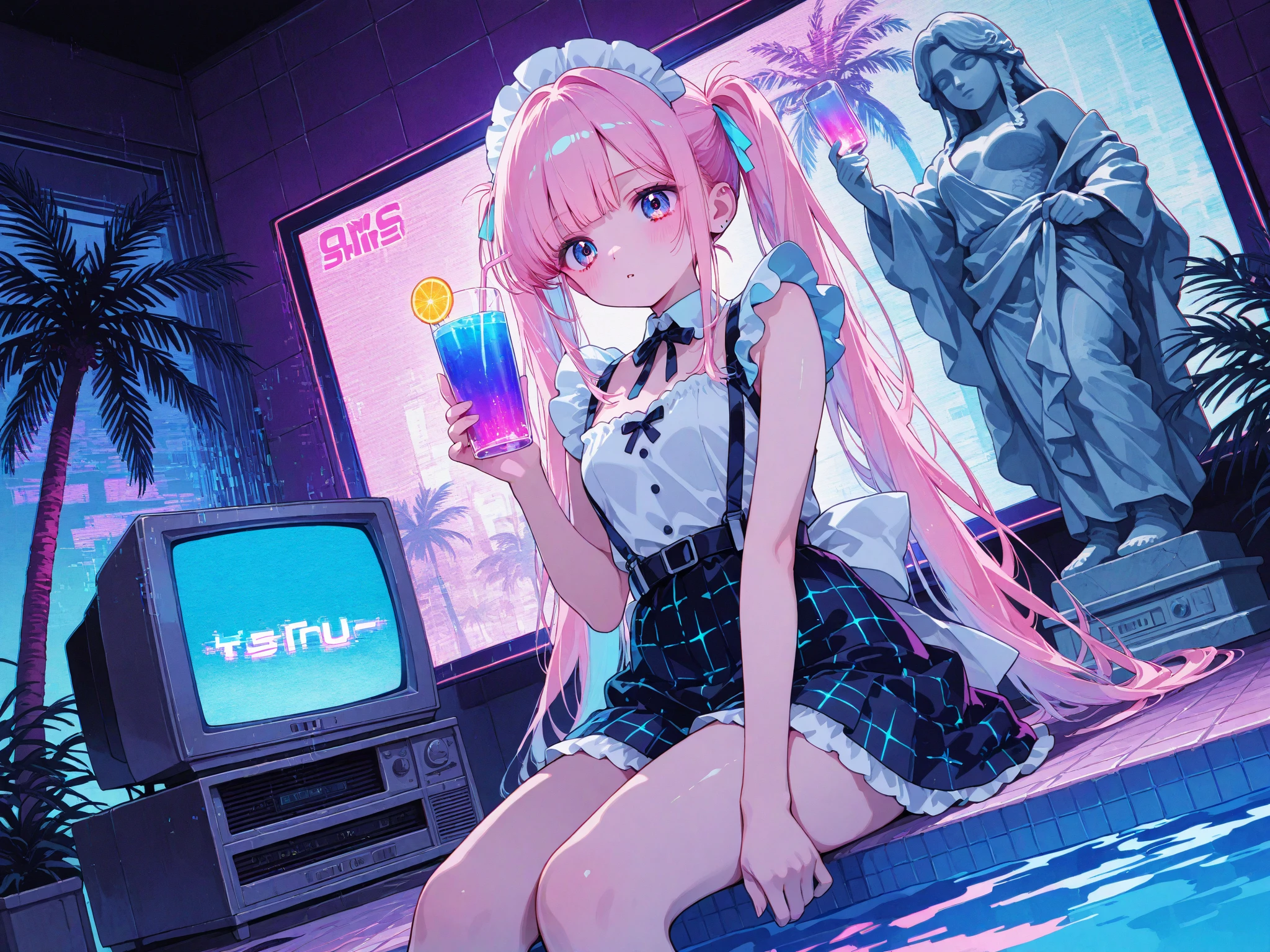 (masterpiece:1.2), best quality, highres, original, (extremely detailed:1.2), ultra-detailed, wallpaper, perfect lighting,(extremely detailed CG:1.2), 8k, anime illustration, 1boy, cross-dressing, femboy, long hair, light-blue hair, (cyberpunk fashion, short-sleeved T-shirt, knee-length skirt, lace hemline, delicate clothes:1.2),looking at viewer, frontal, futuristic city background, sci-fi city, (anatomically correct: 1.3)