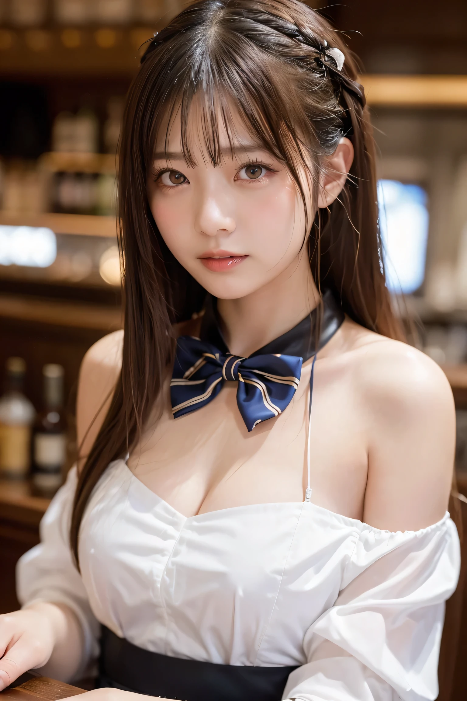 (8K High Resolution), (Highest quality), (RAW Image Quality),(Tabletop:1.2), (Realistic), (Realistic:1.37),,Large Eyes,Long eyelashes,Very sexy,（Live-action realistic style）,The ultimate face,Realistic light and shadow,Distinct facial features,Milky skin,Fair skin, Highly detailed skin,Realistic skin details,Visible pores,（Super detailed）,Hair length is random, ,Best Portrait,Shooting from close range, One girl,, cute,Beautiful attention to detail, Beautifully detailed nose, Highly detailed skin ,(eye contact),(huge 、Breast fullness)、(Beautiful face with double eyelids),((Full body image)), (realism: 1.4), Ultra-high resolution, (Give your audience your best smile),Delicate and beautiful face,18-year-old,(Beautiful Face 1.4),Slender, (Black Bunny Girl Costume:1.2),Shooting in a very bright casino,Fishnet tights,Beautiful feet,((A facial expression that captivates the viewer)),Red bow tie
