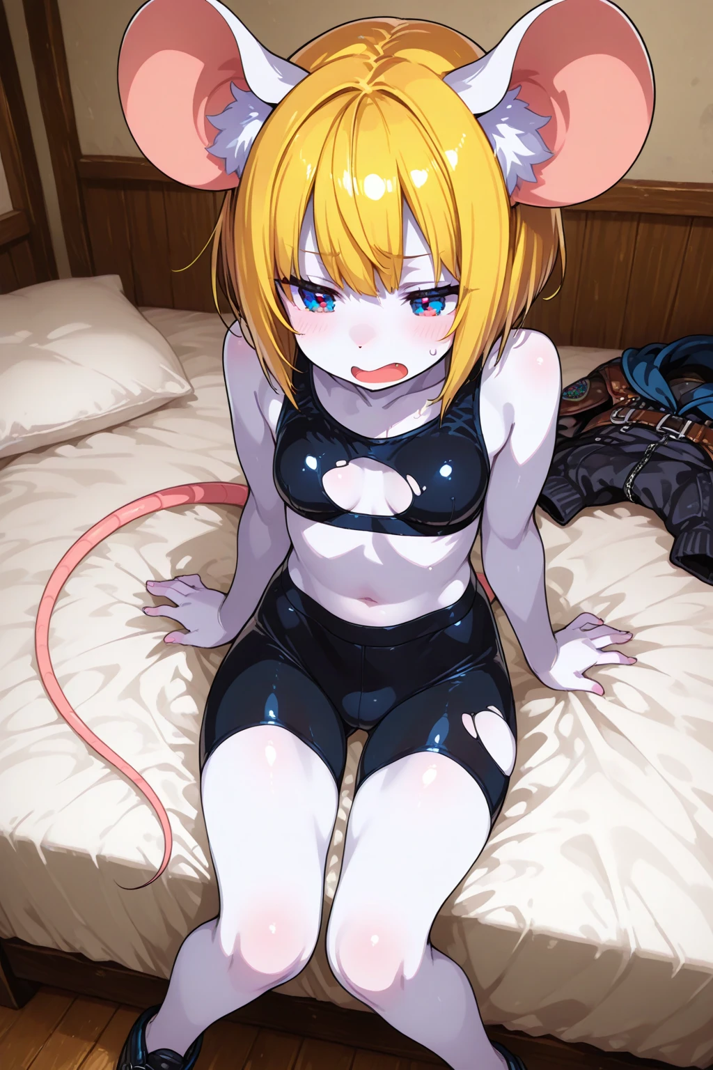 Black slime rope wrapped around cheetah cub's toes,Wear diapers,Pink ankle ring,Pink bracelet,pink collar