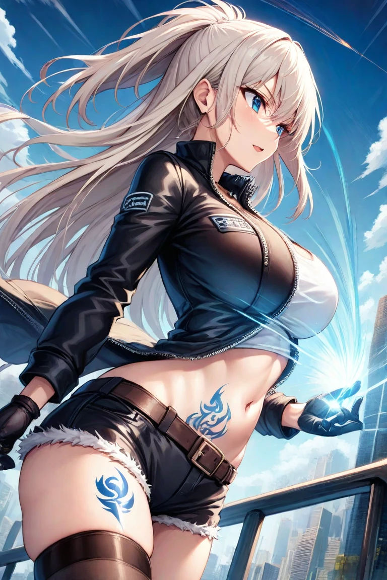(masterpiece, best quality, high resolution),cowboy shot, <lora:BulletMS:1>,bulletms, 1girl, scar, jacket , gloves , fingerless gloves ,denim ,denim shorts , cleavage , navel , micro shorts , belt