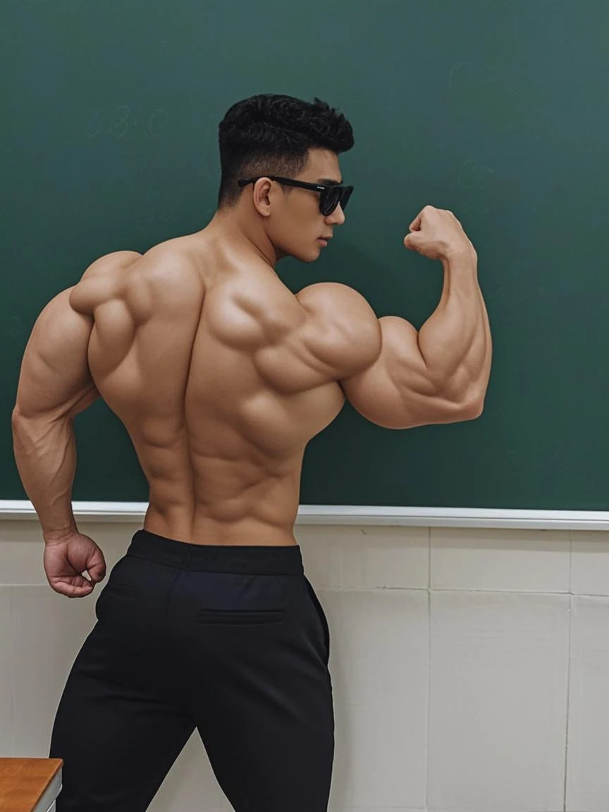 32K, masterpiece, photorealistic photograph of 1man, <lora:FuzeYuji001:0.65>  FuzeYuji, Japanese, black hair, buzz cut, thick eyebrows, closed eyes, || tank_top, pants, belt || boots, (((looking back:1.1))), standing, (((perfect muscular ass))), ass focus, manly ass, super tight pants, erotica, gym background