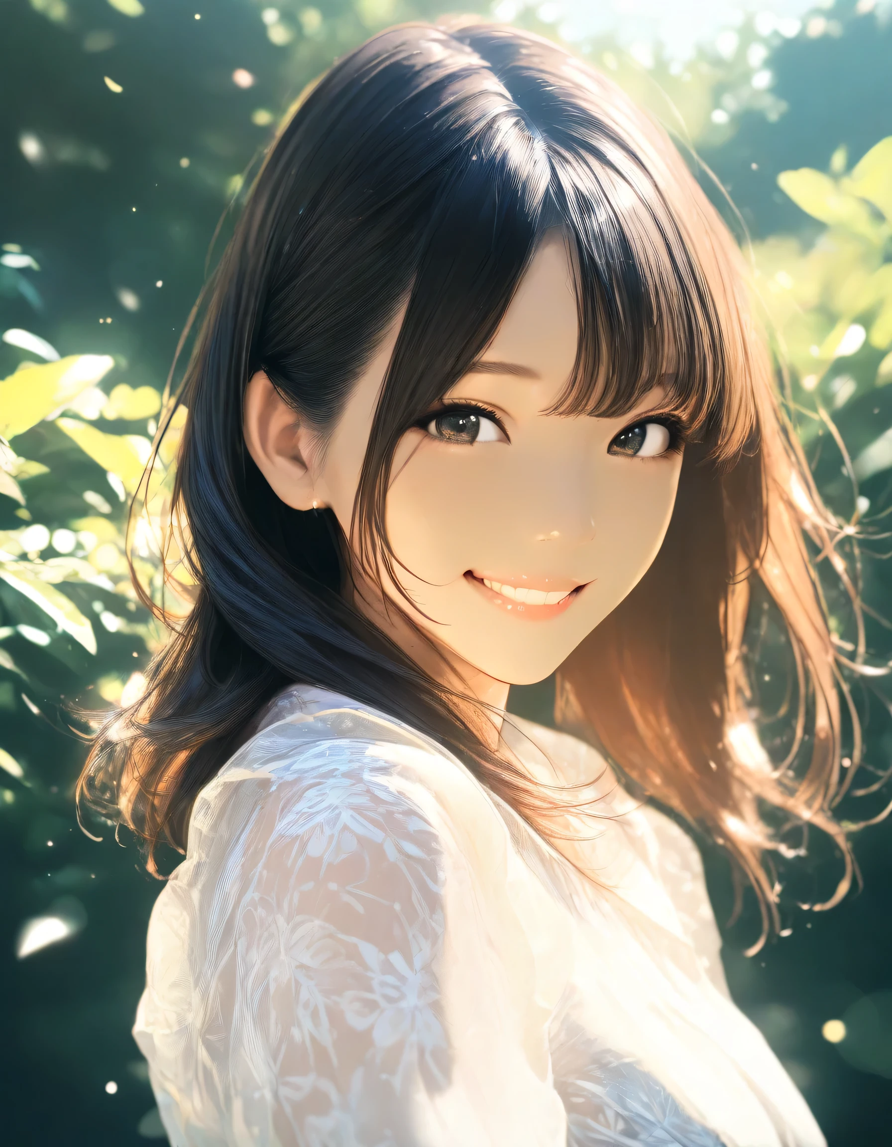 1girl, year 2019, upper body, summer, blouse, happy, masterpiece, high score, great score, absurdres, 16k, Ultra detailed, (photorealistic : 0.5)