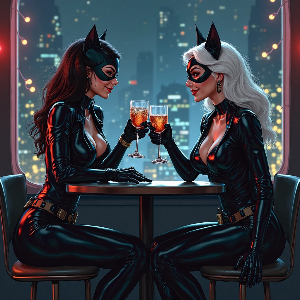 Batman and Catwoman，sitting on a rook，looking at viewert，Provocative behavior，Ambiguous with each other，Dress revealingly