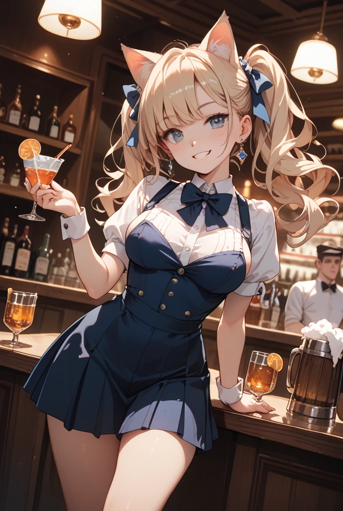 (masterpiece:1.3, top-quality, ultra high res, ultra detailed), (realistic, photorealistic:1.4), beautiful illustration, perfect lighting, natural lighting, colorful, depth of fields, nfsw,
looking at viewer, 1 girl, japanese, 15 years old, perfect face, (perfect anatomy), cute and symmetrical face, baby face, shiny skin,
(long hair:1.7, side ponytail:1.5, blonde hair), hair between eyes, red eyes, long eye lasher, (large breasts:0.8, seductive thighs, big ass),
beautiful hair, beautiful face, beautiful detailed eyes, beautiful clavicle, beautiful body, beautiful chest, beautiful thigh, beautiful legs, beautiful fingers, break,
((blue playboy bunny)), collar, cuffs, pantyhose, high heels,
(beautiful scenery), day time, (bar counter), standing, hand on chest, (seductive smile, upper eyes),