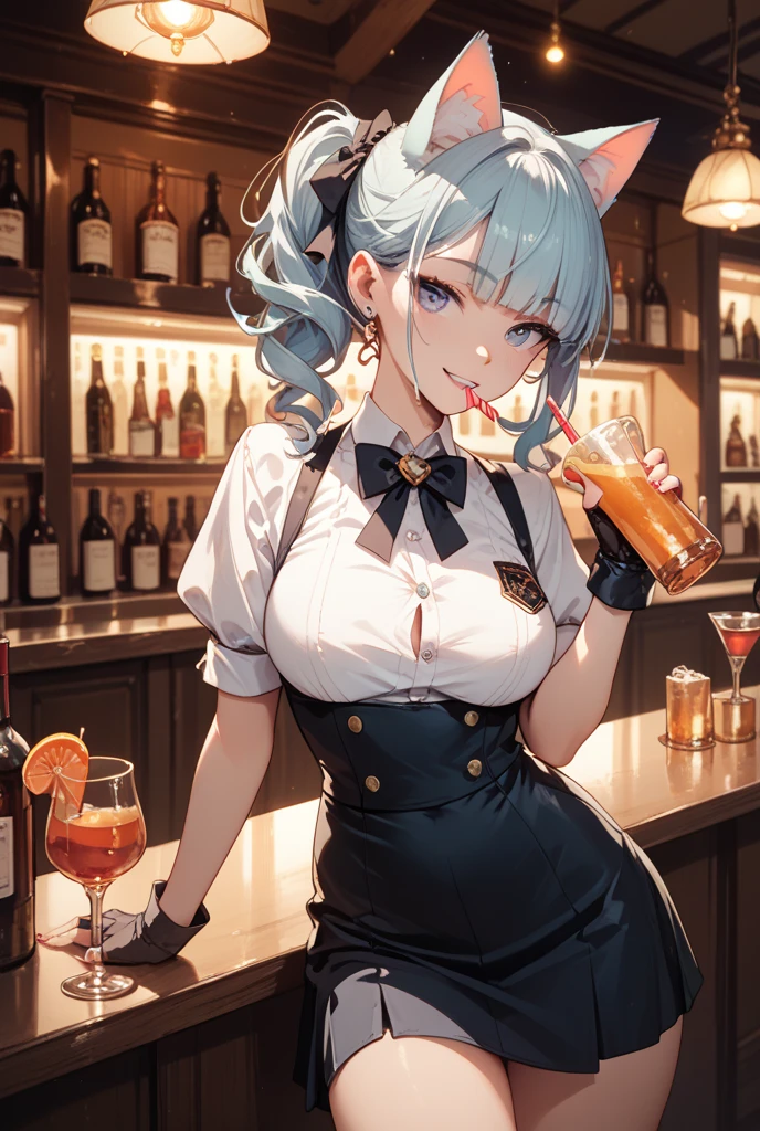 1girl, medium breasts, squirrel ears, magic circle, hair bow, comb over, (shimmer hair:1.21551), glowing hair, (iridescent silver hair:1.05), (hair \(houseki no kuni\):1.15763),, light aqua eyes, suit, pants, bar, mugs of beer, shelves of alcohol
BREAK
(exceptional, best aesthetic, new, newest, best quality, masterpiece, extremely detailed, anime, waifu:1.2)