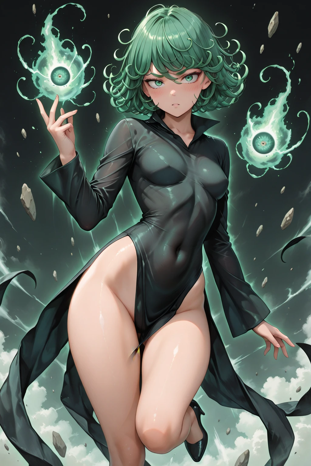 1 girl, Tatsumaki, black dress, long sleeves, green fur, green eyeball, short hair, Curly hair, realist, ultradetalle, 70mm lens, tanga visible, breasts marked by the dress, marked nipples, NSFW