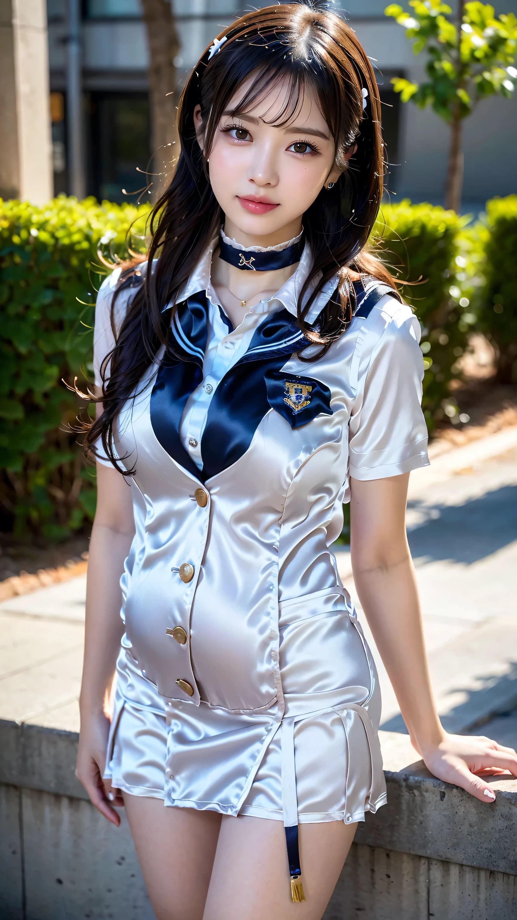 15-year-old girl、Earth Federation Operator Girl Soldier、Black short hair、Cute like an idol、Childish face and appearance、Accurately drawn faces、thin、Skirt Earth Federation Uniform、White and blue uniform、(A uniform that fits your body:1.3)、Very thin thighs、Inside the bridge of a battleship、Low angle shot、Anatomically correct、Accurate Fingers、Accurate Rimbuster Piece、Photorealization