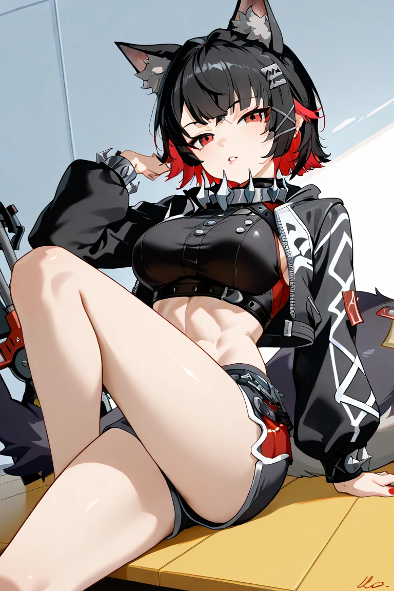 1girl, short black hair, tousled hair, messy hair, green eyes, red jacket, red and black jacket, white top, white tank top, white transparent top, sheer fabric, thin fabric, sheer top, transparent top, white transparent top, loose white top, downblouse, down blouse, no bra, pink nipples, hard nipples, erect nipples, poking nipples, belly, midriff, tomboy, boyish, masculine, androgynous, badass, sideboobs, sidebreast, sideboob, underboobs, armpit, armpits, ribcage, city, city background, pulled down unzipped skirt, low-rise, looking at viewer, full body, raised arms, raised arm, tying hair, open mouth, mound of venus, pubic mound, vagina, cyberpunk, cyberpunk city, mound of venus, pubic mound, vagina, white top, white tank top, white transparent top, sheer fabric, thin fabric, sheer top, transparent top, white transparent top, loose white top, downblouse, down blouse, no bra, pink nipples, pulled down unzipped skirt, bottomless, no panties, nopan, open vagina, going commando, open crotch, ripped skirt, mini skirt, micro skirt, visible crotch, visible vagina, smooth vagina, clitoris, labia, lactating, nude vagina, naked crotch, no pants, no panties, bottomless, naked vagina, exposed vagina, masturbating, 18+, erotic, nsfw, upskirt, masturbation, black skirt, front slit skirt, miniskirt, microskirt, ripped skirt, ripped clothes, open legs, shaved vagina