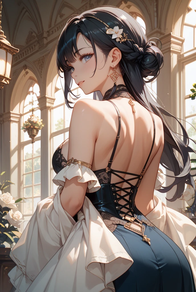 realisticlying、natta、Face Real、Emphasis on cleavage、13-year-old girl、Sideways view、Buttock emphasis。Wearing a white garter belt、(Emphasis on the thighs)、(Super close-up from below)Medieval Italy((Wearing the Venetian Mikloy((Masquerade))、Wear a tight-fitting amber long dress、Ancient castles in Italy、sexy  pose、Face smile