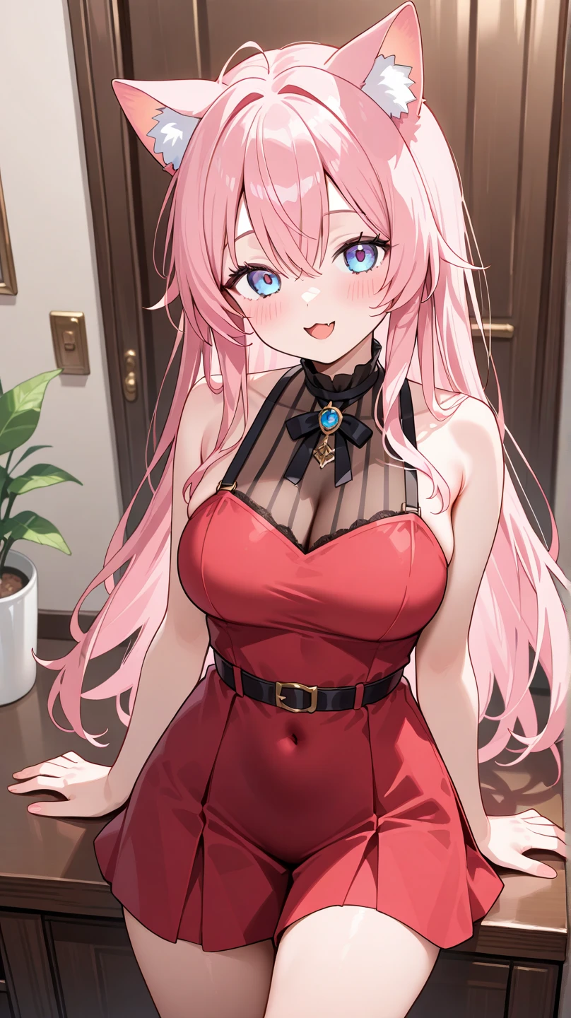 woman, pink hair, long hair, open forehead, no bangs, blue eyes, big breasts, red dress, long dress, thigh-high neckline, sequined dress, gloves, red gloves, open shoulders
