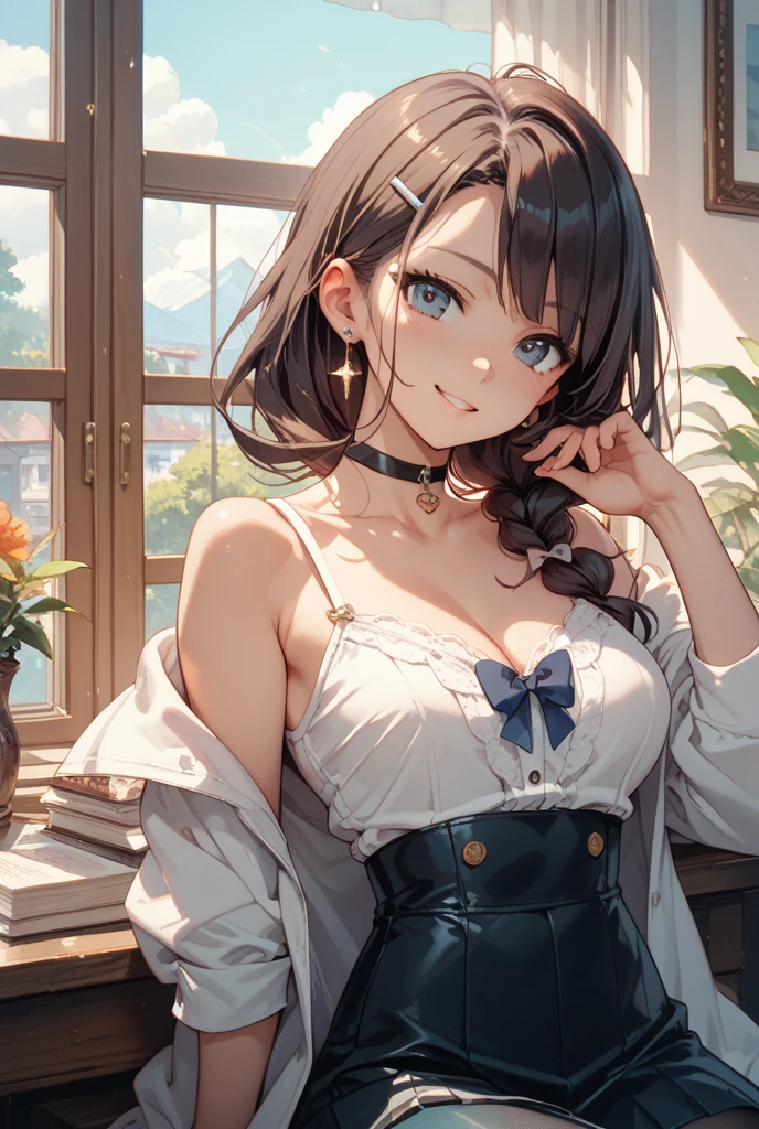 1girl, (solo:1.2), ((masterpiece)), [slim], (large breasts:1.27), (pale skin:1.3), ((detailed blue eyes)), (bokeh effect), (dynamic angle), dynamic pose, Paris cozy cafe, starry brown eyes, chestnut with wavy hair, (white bare shoulder silk tops and a shorts:1.3), necklace, ring earing,