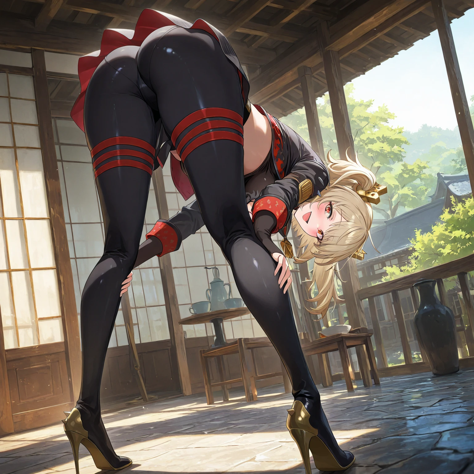 Output Conditions{One big ass cute girl}{Dress code: swimsuit}{Her hair is light brown and bob-like.}{The expression is like crying}{The position is backwards on all fours.}{The composition of the image is such that the buttocks are positioned large and in the center、The head is further back.}{The background is a normal room}In light of the above conditionake it the best production ever。