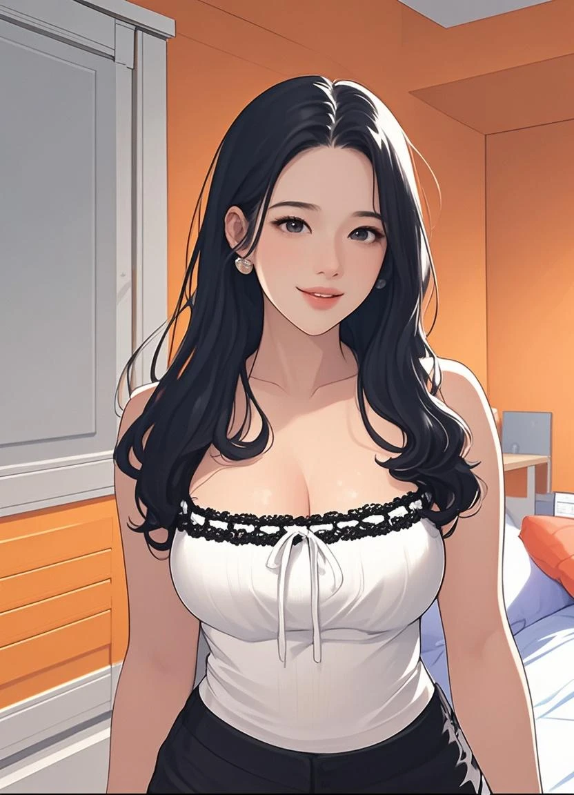 masterpiece, best quality, sunset, cowboy shot, mature woman, bob hairstyle, black hair, mature face, hot face, sharp eyes, breasts, curvy body, hazel eyes, business clothes, looking at viewer, very close to viewer, face to face, tough appearance, in the office
((looking serious), oversized earrings,big hoop earrings , cleavage,full body view , delicate necklace