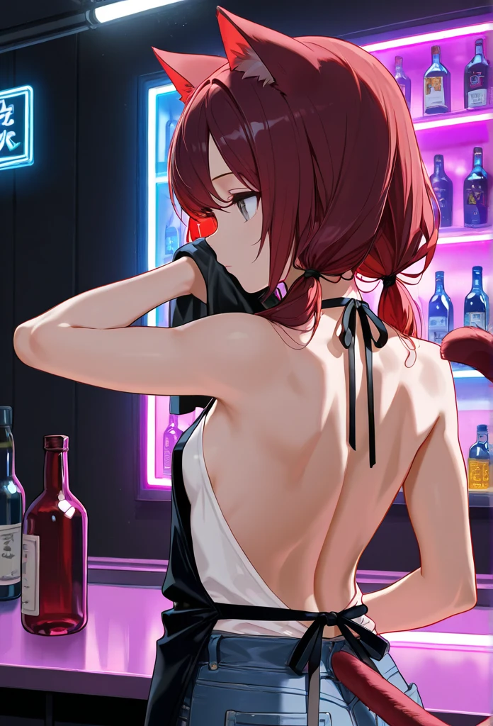 (masterpiece:1.3), (absurdres:1.3), (best quality:1.3), hand of Guido Daniele, (ultra-detailed:1.3),(best shadow:0.7), (handled hair), (sharp eyeliner, eyeshadow, detailed eyes:1.1), perfect anatomy,
BREAK <lora:hakosBaelzHololive_v10:0.7>, 1girl, solo, model posing for photoshoot, stylish woman, hakos baelz, hololive, ponytail, mouse_ears, black shirt, criss-cross back-straps, criss-cross halter, midriff, leather_pants, choker, from behind, back focus, ass, looking away,
BREAK bar \(place\), indoors, neon lights, red_coach,