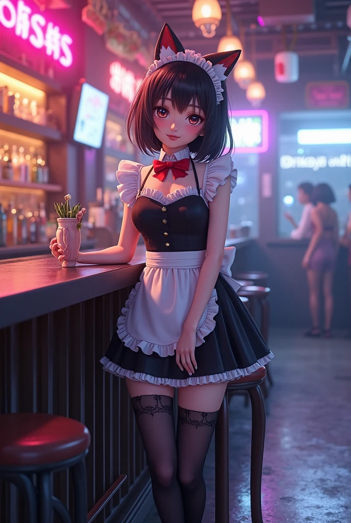 One Girl、(20-year-old woman)、Cat ears headband、Cat tail、Black maid outfit、Holding a tray with two parfaits on it in one hand、With the other hand, lift your skirt to show your underwear、Short skirt、I can see your pants、White knee-high socks、(Striped pants:1.3)、Highest quality、8K、Beautiful Face、Mischievous smile、Wink to the viewer、View Viewer、A bright cafe with a black cat