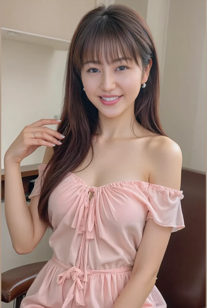 (best quality, 8k, detailed facial depiction, detailed eye description, brown hair (long wavy hair), beautiful Korean girl, 21 years old, slim body, medium chest size, standing right leg in front, smiling face, wearing modern clothes.) After finishing her shower, Seo-Yeon stepped out of the shower confidently. She put on comfortable pajamas, walked out of the bathroom with wet hair, and a face glowing with a rosy tint.