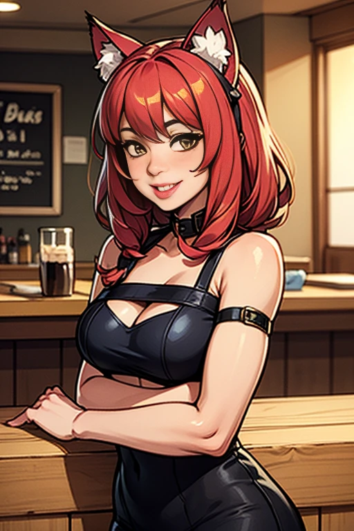  redhead, small waist , mini skirt, top with cleavage, carrying the menu, winking to the camera. 