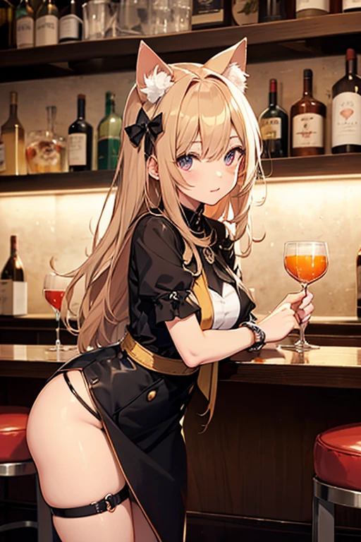 (from below:1.4),(from side:0.9), ((Face)), (Close-Up:0.4), masterpiece,"A 26-year-old girl stands at a bar counter. She is dressed in a stylish off-shoulder dress, sweater dress, off-shoulder sweater, red sweater,garter stocking, cleavage:1.1, midriff, black shorts, black thighhighs, thigh strap, pretty girl, (highly detailed beautiful face and eyes,firm breasts),real skin,((black,hair,long pony tail hair)),thin pubic hair,cute and lovely pose, detailed eyes, This masterpiece is only visually stunning but also tells,(double breasted:0.6,under bust:0.6),(with sparkling eyes and a contagious smile),open mouth. The bar is beautiful, with colorful bottles of alcohol in the background and a soft glow from neon lights. The atmosphere is relaxed, and the girl looks confident and fashionable.",full body, sexy pose,make a cocktail , in a bar counter, Looking at Viewer,