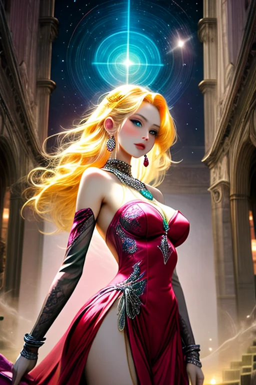 Arafed, a picture of a female angel in high society prom event, divine beautiful female angel, pink hair, long hair, flowing hair, the hair glows in a soft light, cerulean eyes, deep light eyes, divine beautiful face, (spread white feather wings: 1.1), she wears a ((red and black evening dress: 1.2)), elegant, intricate detailed dress, silk dress, small cleavage, some crystals on the dress, she wears elegant knee high heeled boots, exquisite high heeled boots, she stands on the porch of a fantasy castle, dynamic angle, soft torch light, (Masterpiece: 1.5), 16k, highres, best quality, high details, ultra detailed, masterpiece, best quality, (extremely detailed), AngelStyle, GlowingRunesAI_paleblue, angel_wings, Angel, 3d rendering