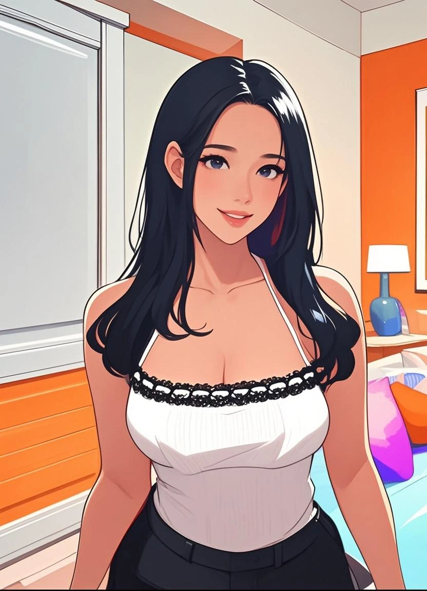 (((pink lingerie))), (((black hair,))), long hair, (((blue eyes))),(((forehead))), sexy, large breasts, beautiful body, masterpiece, smile, hotel bedroom ,busty, buxom, curvy, voluptuous,Sexual Intercourse
