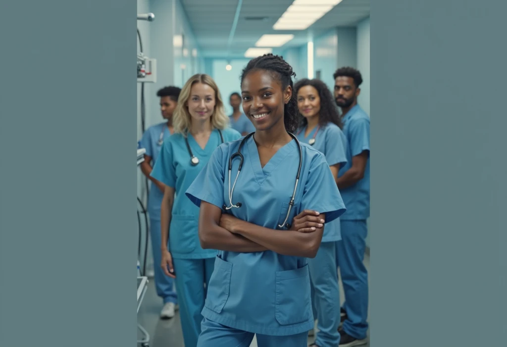 Create a pair of nurse 1 black woman, black straight hair and eyelash extensions and 1 brown man, black hair dark brown eyes sharp face