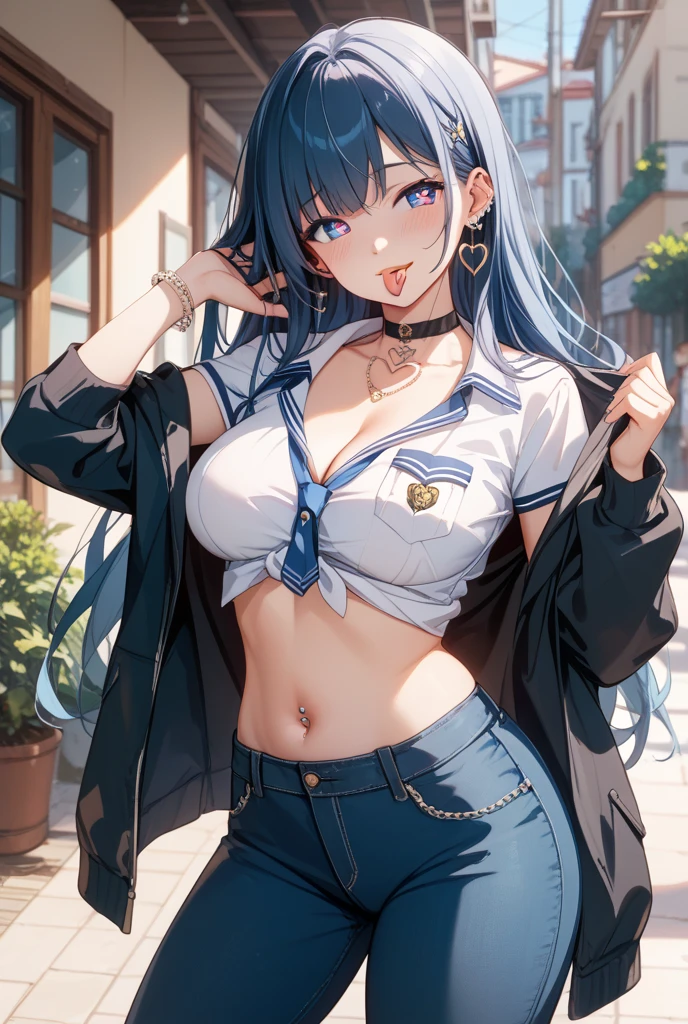 Glass-colored semi-transparent knotted short sleeves,Plump thighs,Open crotch denim shorts,The zipper is broken,Blue and white spiral long curly hair,Leg decoration,Clothes are soaked,A badge is hung on his chest,Belly tattoo