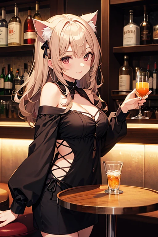 (from below:1.2),(from side:0.9), ((Face)), (Close-Up:0.4), masterpiece,"A 26-year-old girl stands at a bar counter. She is dressed in a stylish off-shoulder dress, sweater dress, off-shoulder sweater, red sweater,garter stocking, cleavage:1.1, midriff, black thighhighs, pretty girl, (highly detailed beautiful face and eyes,firm breasts),real skin,((black,hair,long pony tail hair)),thin pubic hair,cute and lovely pose, detailed eyes, This masterpiece is only visually stunning but also tells,(small breasts:1.4,under bust:1.1),(with sparkling eyes and a contagious smile),open mouth. The bar is beautiful, with colorful bottles of alcohol in the background and a soft glow from neon lights. The atmosphere is relaxed, and the girl looks confident and fashionable.",full body, sexy pose,make a cocktail , in the bar counter, Looking at Viewer,