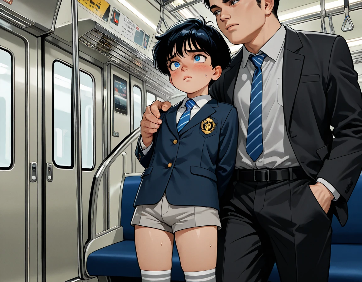 pov, isabella, sitting, looking at viewer, inside a train, pink tight dress, pink ribbon, black hair, white short sleeves, belt, blue eyes, dick flash, penis, blushing, white socks, pink shoes, crossed legs, foreskin, from below