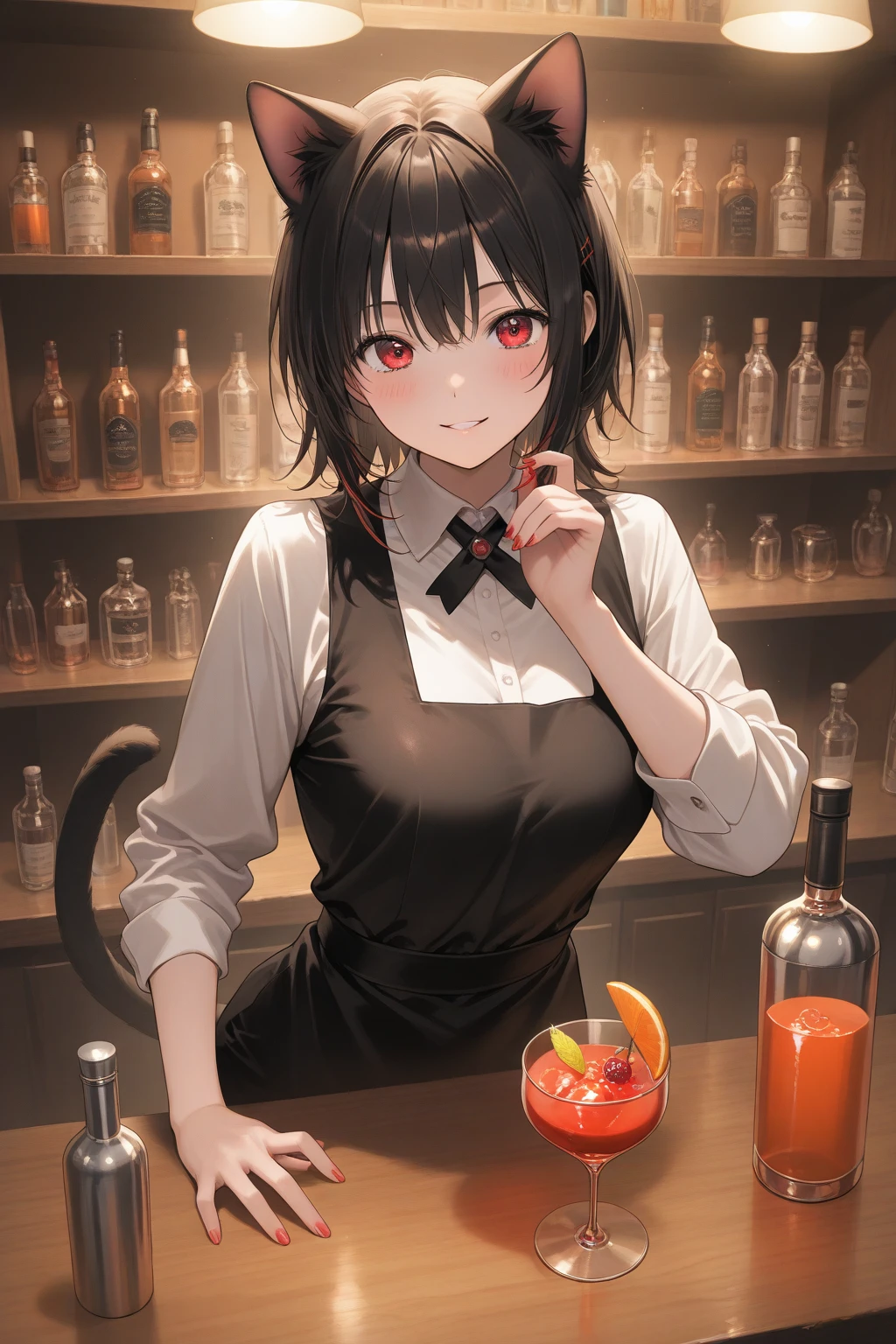 Female bartender, short black hair, pale skin, light red eyes. A sinister smile Wear a white shirt over a black vest. Black pants, small bust