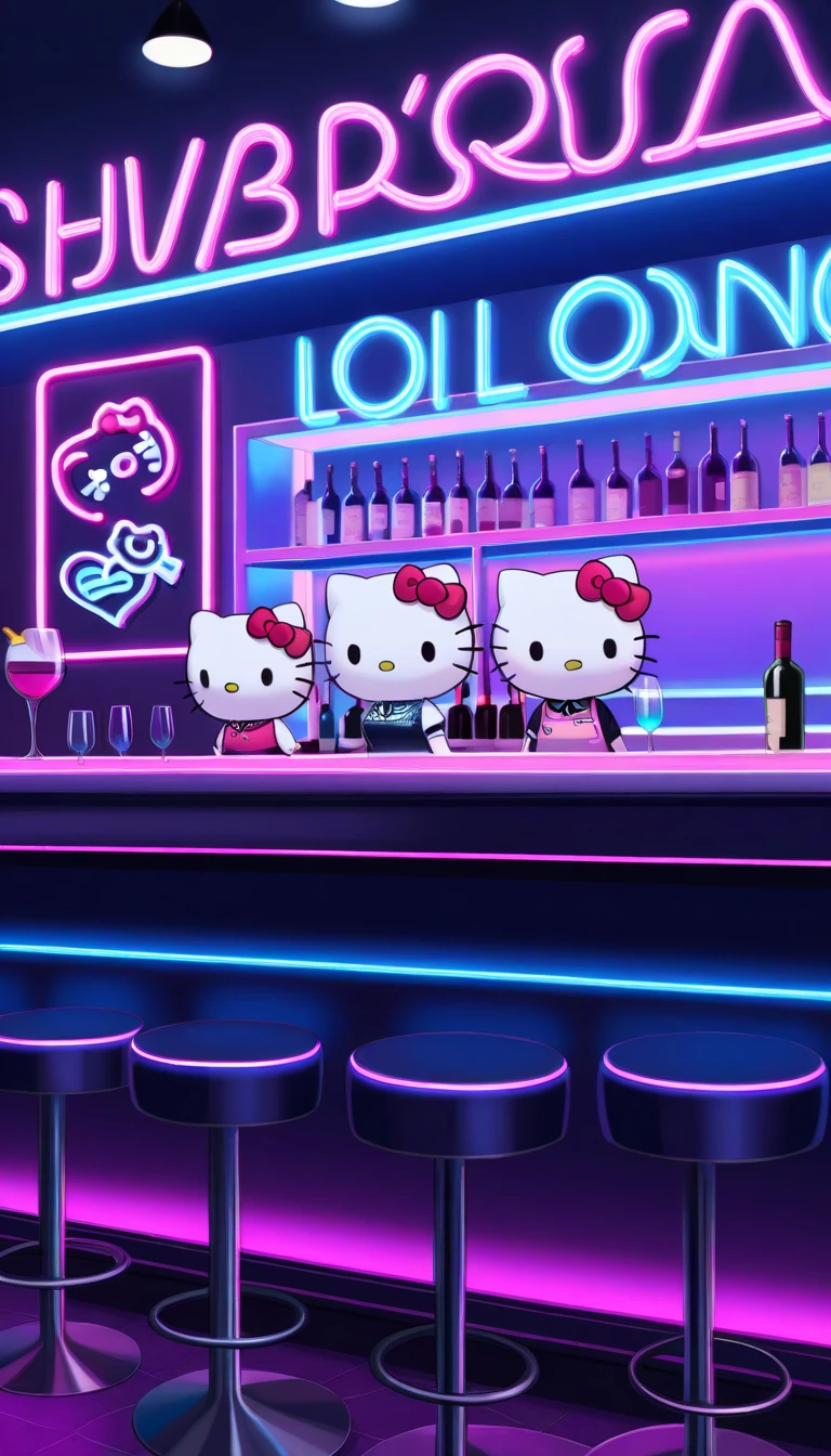 Hello Kitty、is bartending at a fancy bar 、Super Detailed, ((colorful neon sign:1.Two walls), ( neon tube ) Shining BREAK (Sophisticated bar counter) Indoor, (Dim Room), Wine Bottle, detailed background