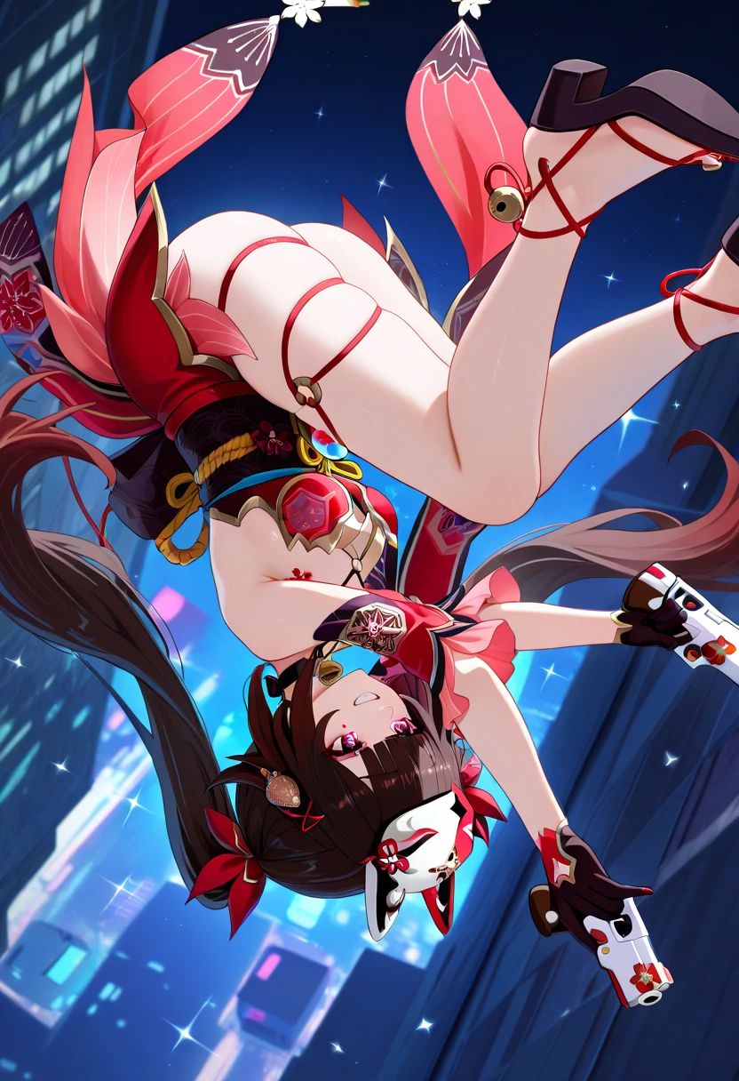 anime artwork, score_9, score_8_up, score_7_up, score_6_up, score_5_up, score_4_up,sparkle \(honkai: star rail\),1girl, twintails, black hair, medium breasts, red eyes, red eyeshadow, fox mask , , , , , she is 24 years old, , ,horny, , , , style_3, ,,, floox style, . red one-piece swimsuit. , cameltoe, from behind, , looking at viewer, grin, sky, clouds, sun, ass, . parkle is a  young woman who has black hair that is tied into two high pigtails with a red tie. Her hair reaches her hips and has pink tips, fringe middle bangs, and two locks in front, with the left lock reaching her collarbone and the right lock reaches her shoulder. She has fluorescent pink eyes with tiny black dots under each of her eyes. Additionally, a white-and-red Kitsune mask is at an angle on the top of her head. Ass focus, heavenly ass, hand on own ass, rear view, super below view, looking from left shoulder, upside-down

