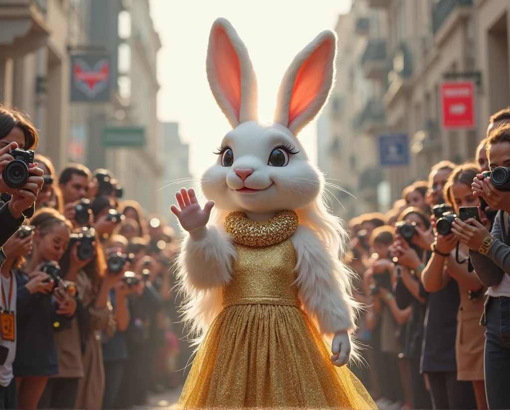 A white rabbit with black spots at a gay pride march dressed as a drag queen