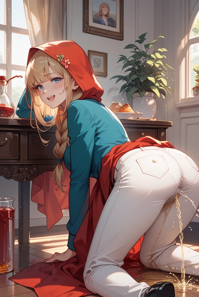 High resolution, Very detailed, perfect lighting, beautiful detailed eyes,   ((masterpiece,Best Quality)), absurdities, alone,     princess zelda, by the width, crown braid, Hair clip, pointy ears, Red shirt, long sleeves, Gloves without fingers, black gloves, smile, curves, nod,   ,  deep neckline, deep neckline, bare breasts, bare breasts, NSFW, visible nipples, visible nipples, view from behind, view from behind, big butt, big butt,, red thong with lace, red thong with lace, sitting