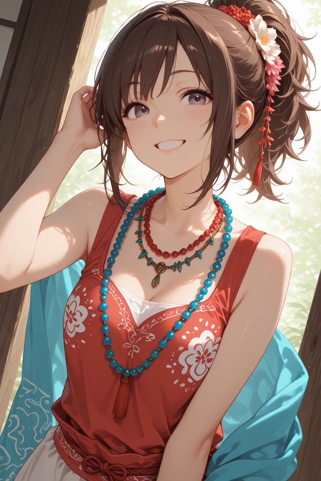 fluffy hair,dark brown hair,((Braided shorthair)),Slightly red tide,((Brown eyes)),((extra large colorful bouquet)),(Arched gate decorated with colorful flowers),A building shaped like a birdcage,((Overflowing smiles)),(((close up of face))),((Her chest is wide open and you can see her cleavage.)),((NSFW)),
