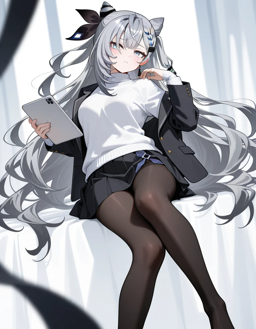 masterpiece,best quality,ultra-detailed, ray tracing,perfect lighting,1girl, <lora:aronablack-000010:0.75>,arona,halo,white hair,black headband,hair over one eye,bangs,black_choker, black_footwear, black_legwear, black_sailor_collar, black_skirt, choker,black_sailor_collar, black_skirt, choker, closed_mouth,hair_ribbon, hairband, jacket, letterboxed, loafers, long_hair, long_sleeves, looking_at_viewer, neckerchief, open_clothes,pleated_skirt, ribbon, sailor_collar, school_uniform, serafuku, shirt,solo, pantyhose,looking_at_viewer,sitting,bookshelf, braid,desk, feet, hair rings, hairband,crossed legs,(black high heels),from below,