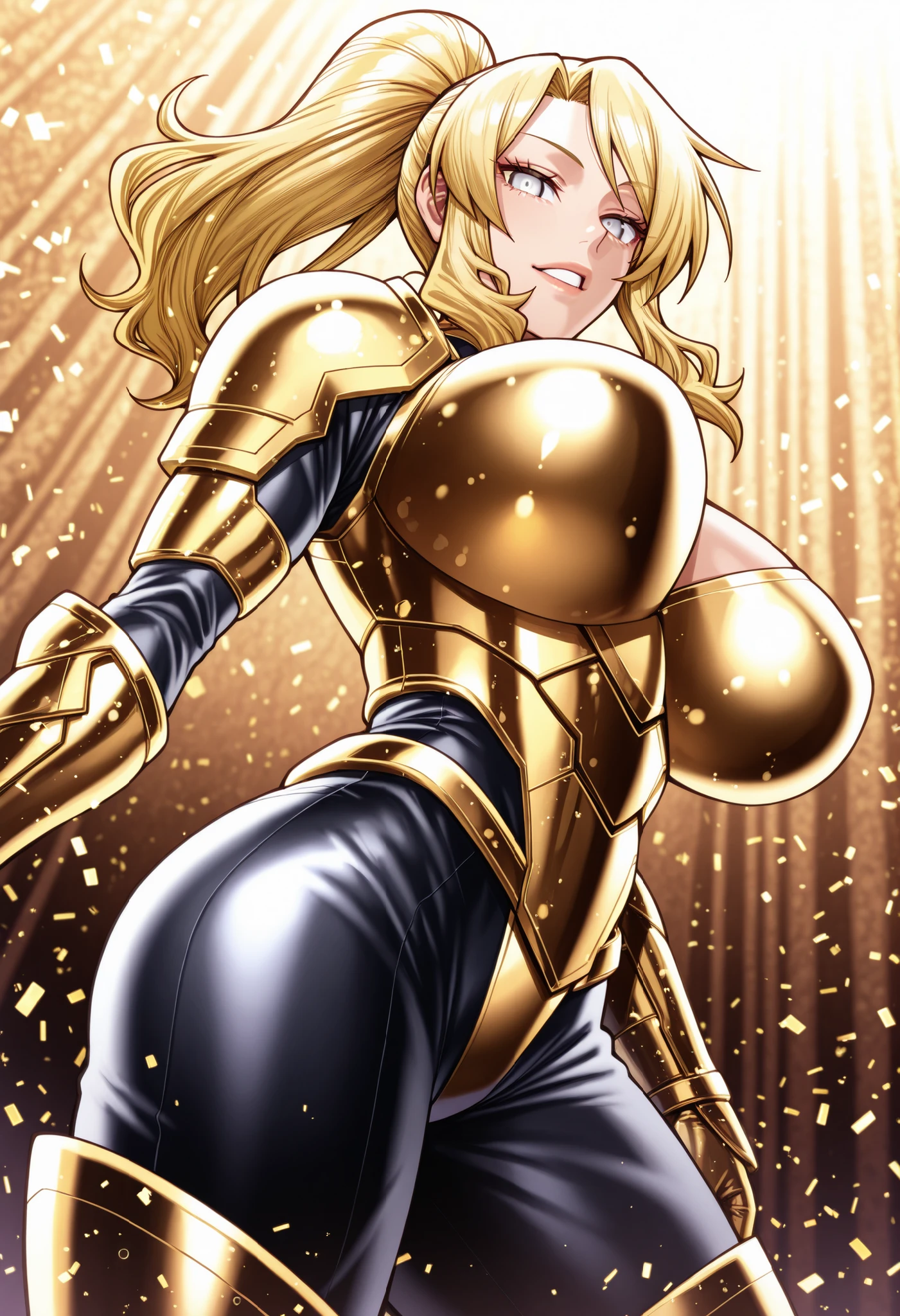 gorgeous woman, totally gigantic and muscular, wearing golden metal armor, PICTURE REALISTIC, very resistant, very perfect body, breasts big, very big thighs, huge glutes 2.3 view down the legs and looking at your face