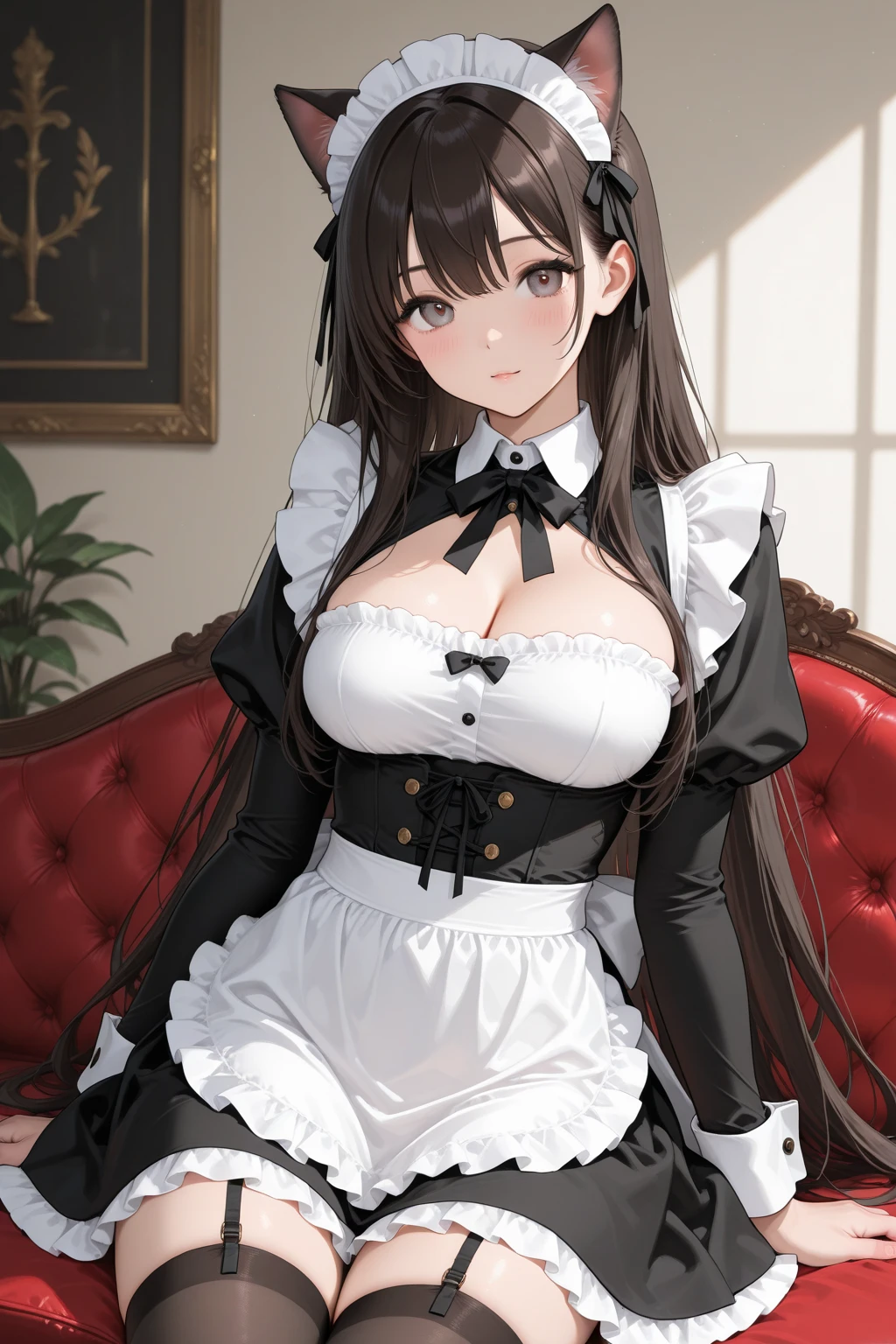 (top-quality)、(detaileds)、(1 girl in)、Colossal tits、livingroom、looking at viewert、Beautiful green eyes、A dark-haired、detaileds、maid clothes、black and white maid uniform、Highly exposed、Bend over in a deep valley、embarrassed from