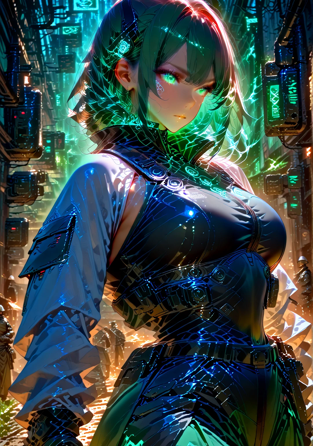 (best quality, high resolution, Extremely detailed), futuristic armor, Detailed face and eyes, Powerful pose, Vibrant colors, Science Fiction, Glowing particles, Intense backlight, metallic feel, Vibrant atmosphere,huge , Crazy breast swelling, Chest larger than shoulder blades, Big breasts and thin waist,(huge breasts:1.2),Hydrated skin((rogue))((非常huge乳房)),((Grooves reveal original skin))