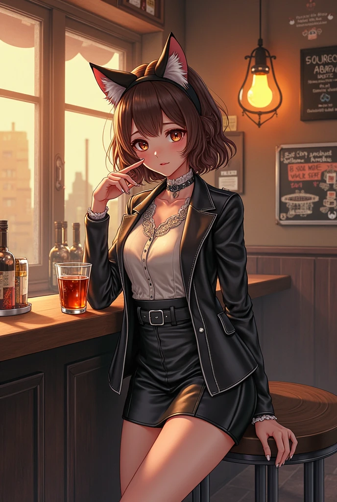 masterpiece, best quality, 
air groove \(umamusume\), 
blue jacket, black shirt, brown pants, neckless, brown belt,
sitting, drunken, bar,
<lora:air_groove_lora:0.7>