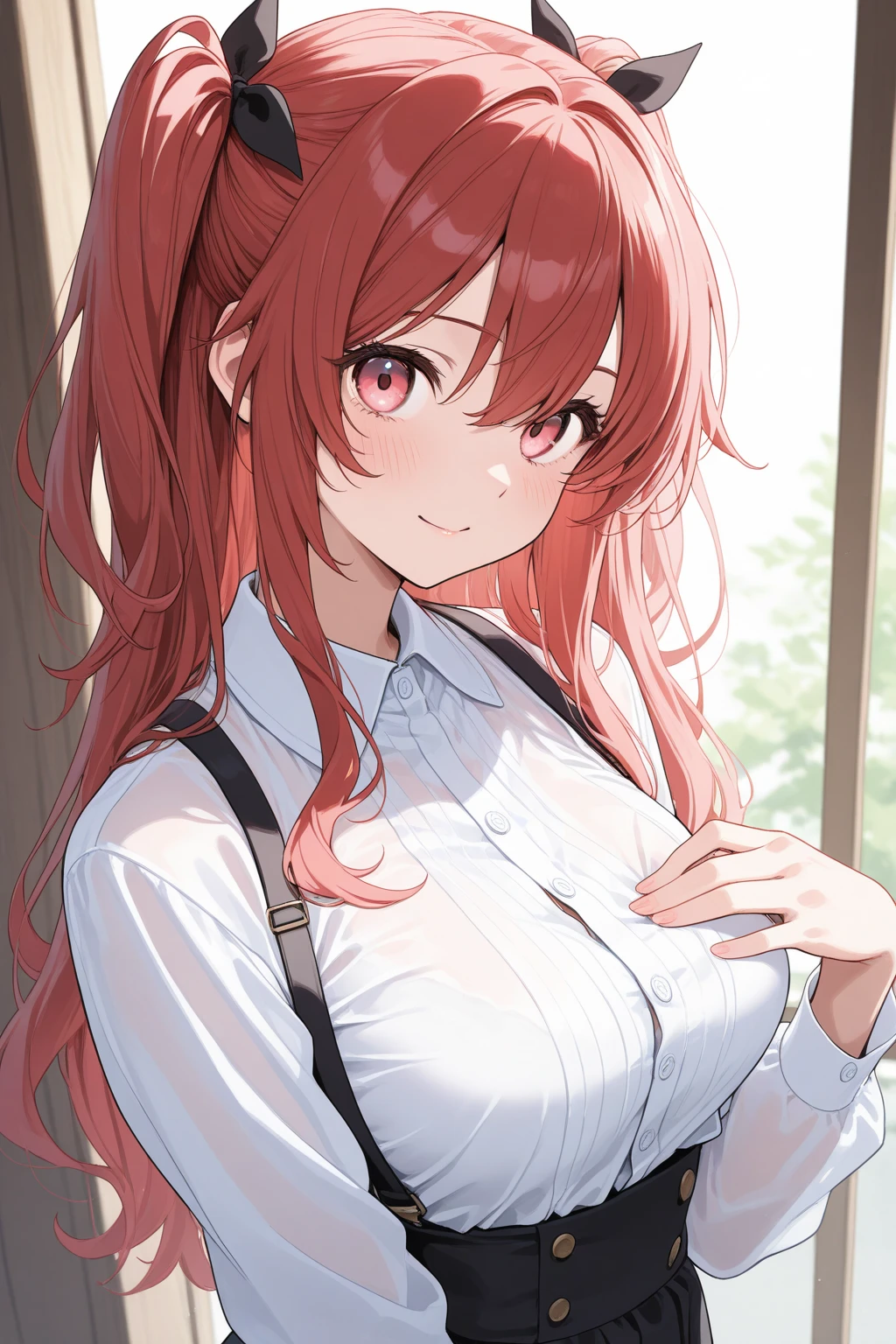 stellavermillion, stella vermillion, hair between eyes, hair intakes, hair ribbon, long hair, (red eyes:1.5), red hair, two side up, yellow ribbon,
BREAK black choker, choker, emblem, garter straps, neck ribbon, plaid, puffy short sleeves, puffy sleeves, purple ribbon, red hair, ribbon, , shirt, short sleeves, skirt, thighhighs, white shirt, white skirt,
BREAK looking at viewer,
BREAK indoors, classroom
BREAK (masterpiece:1.2), best quality, high resolution, unity 8k wallpaper, (illustration:0.8), (beautiful detailed eyes:1.6), extremely detailed face, perfect lighting, extremely detailed CG, (perfect hands, perfect ???????),