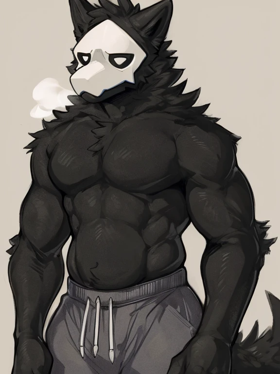 by zackary911, Puro, Puro (Changed), anthropomorphic, lean, slim, thin belly, big chest, muscular, fit body, muscular chest, biceps, adult, tall, mature, anthro, fluffy tail, wolf tail, wolf ears, full body portrait, black body, lean, anime, sfw, full body portrait, full body in frame