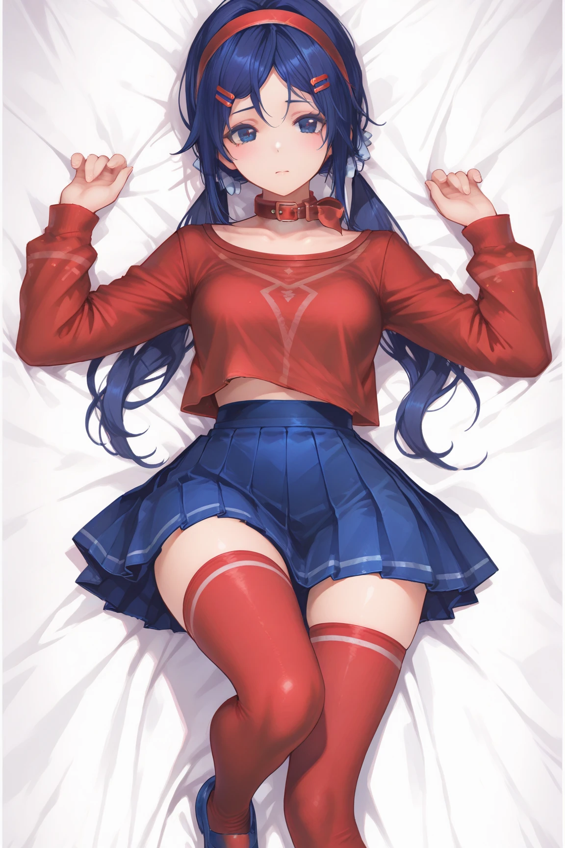 spread legs, lying,
masterpiece, best quality, high quality, highres, outdoors, day, upper body, looking at viewer, solo, focused, BREAK,
FAP_BibleBlack_JunkoMochida_ownwaifu, bible_black,
1girl, long hair, blue hair, hairband, breasts, large breasts, blue eyes, rimless eyewear, very long hair,
skirt, thighhighs, long sleeves, school uniform, necktie, glasses, zettai ryouiki, red necktie, suspenders, red skirt, pleated skirt, black_vest, vest,
<lora:FAP_BibleBlack_JunkoMochida_ownwaifu:0.8>