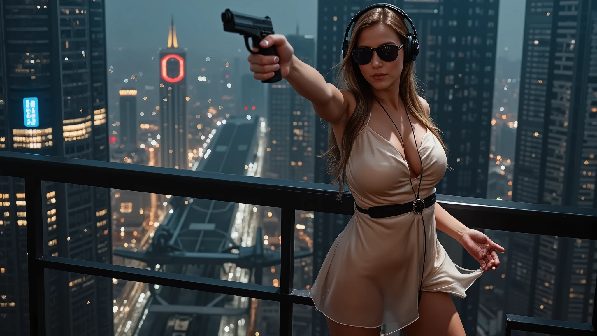 (aerial view, a flying cars docking platform, a very dark abandoned futuristic Blade Runner inspired cyberpunk city, neon lights), rainy night. 1girl, solo, large-breast:1.1 slim body, cleavage:1.1, wind blowing transparent:1.6 satin mini dress:1.4, (headphone, black sunglasses), (((((aiming pistol at viewer))))), dynamic pose, (((half-body thigh level close-up:1.6 shot))), cinematic lighting.