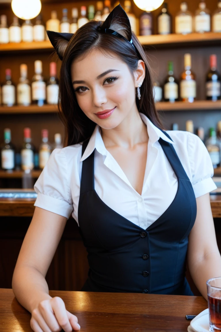 bar, smiling , 40k, photography, masterpiece, best quality, (1girl brown hair), medium breasts, (black waistcoat), varied poses.