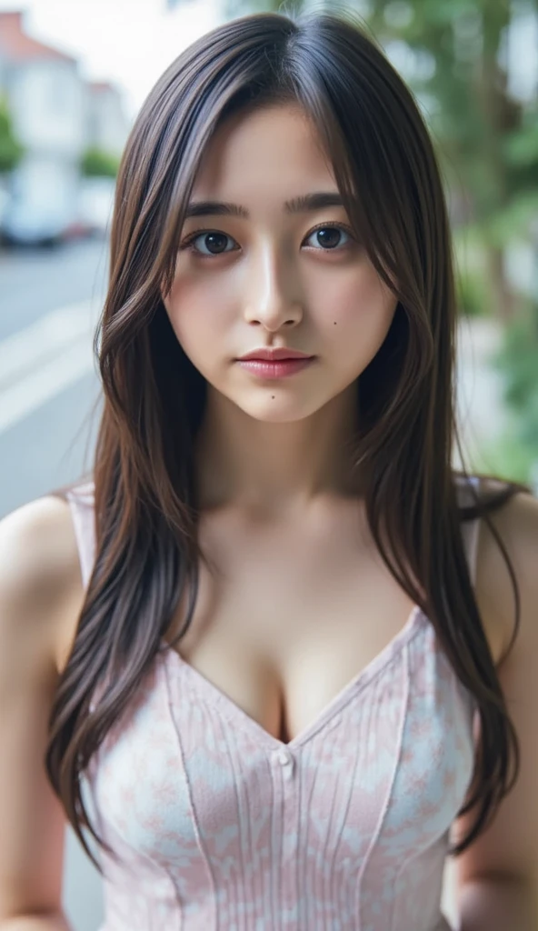 (8K, HDR, highres), ((((Cinematographer, foto RAW, hiperrealismo, obra maestra, mejor calidad, ultra highres)))), (luz de pin, luz de fondo, Contre-Jour, cinematiclight), foco nítido:1. 4, (hiper detalle, finamente detallado), primer plano de la cara, primer plano,
1girl, Una cara con forma de cuadrada, con ojos grandes y hermosos de gato, a cute, button-like nose, small and pretty and plump lips, thick eyebrows and long beautiful eyelashes. El maquillaje general es transparente, con un toque de rosa en las mejillas y brillo de labios brillante. El peinado es largo con ondas onduladas. Escote grande.  busto grande. foto desde la cintura. pale-skin.