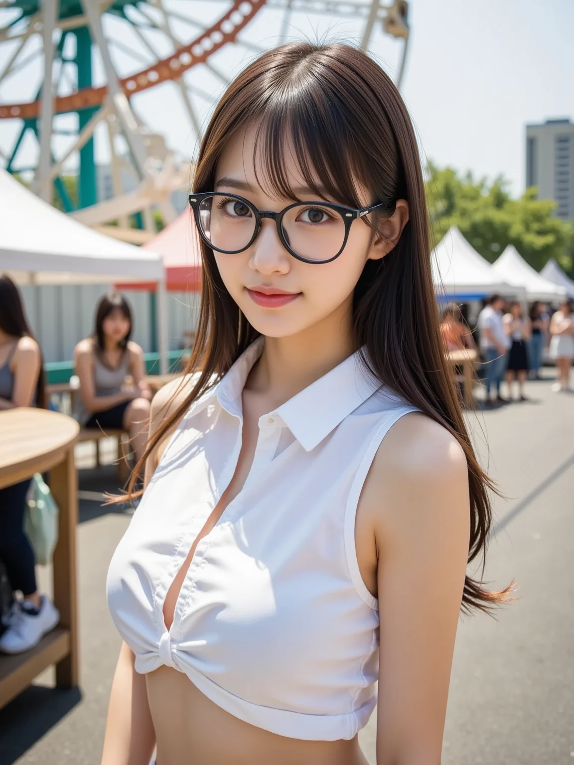 (8K、Raw photography、top-quality、masterpiece:1.2)、(realisitic、Photorealsitic:1.37)、ultra-detailliert、超A high resolution、女の子1人、see the beholder、beautifull detailed face、A smile、Constriction、(Slim waist) :1.3)、((Small White Swimwear))、Beautiful detailed skin、Skin Texture、Floating hair、((Hair bunched into one))、large full breasts、Professional Lighting、In front of the station at noon、((Black square glasses))、Whole human body、Brown hair、In public in a white swimsuit、Showing the navel、Showing the side