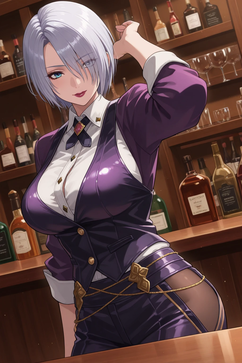 top-quality、Full limbs、complete fingers、1girl in、((one beautiful women、独奏))、Beautiful Large Breasts、Short bob hair、Purple hair、bunnygirl、(purple bunny girl leotard:1.3)、Purple bow tie、Brown pantyhose、Naughty Poses、A big smile、Drunk、Stylish bar、Wine bottles、a bar counter、Sake shelf、I'm fluttering