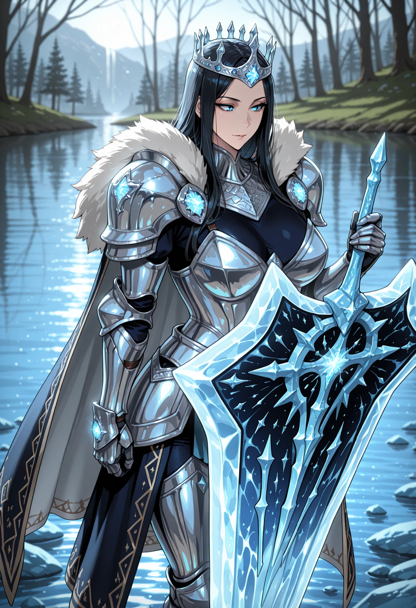 renbocloud,polished metal, mirror-like armor surface, 1girl, princess, heavy armor, highly ornate patterns, cape, (frost giant sword:1.1), (glowing shield), (armor detailed:1.1), ice paticle, black_hair, permed hair, (light reflection:1.1), crown, blue eyes, lake, frozen,, masterwork, masterpiece, best quality, detailed, depth of field, high detail, very aesthetic, adult, aged up
