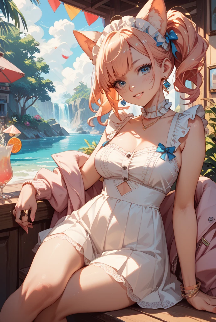 masterpiece、high resolution 8k、NSFW、sharp focus、contrast lighting、A cozy beach bar with a menu board, 1 girl, sitting on wooden stools,a red bikini top,blue denim jacket shorts,long blonde hair hair,smiling,headphone, a doorway leads to a sandy beach with a clear blue sky and a palm tree.